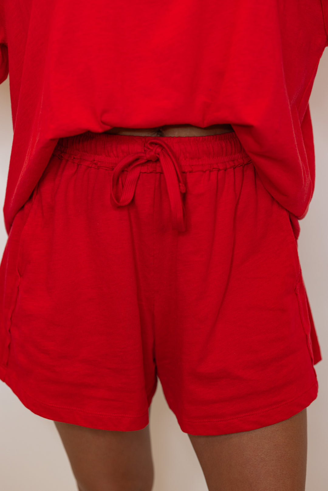 red cotton slub knit shorts shirt set