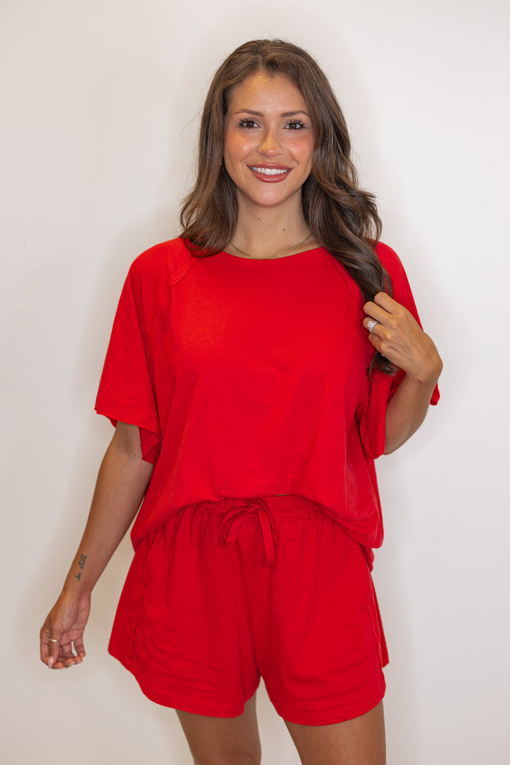 red cotton slub knit shorts shirt set