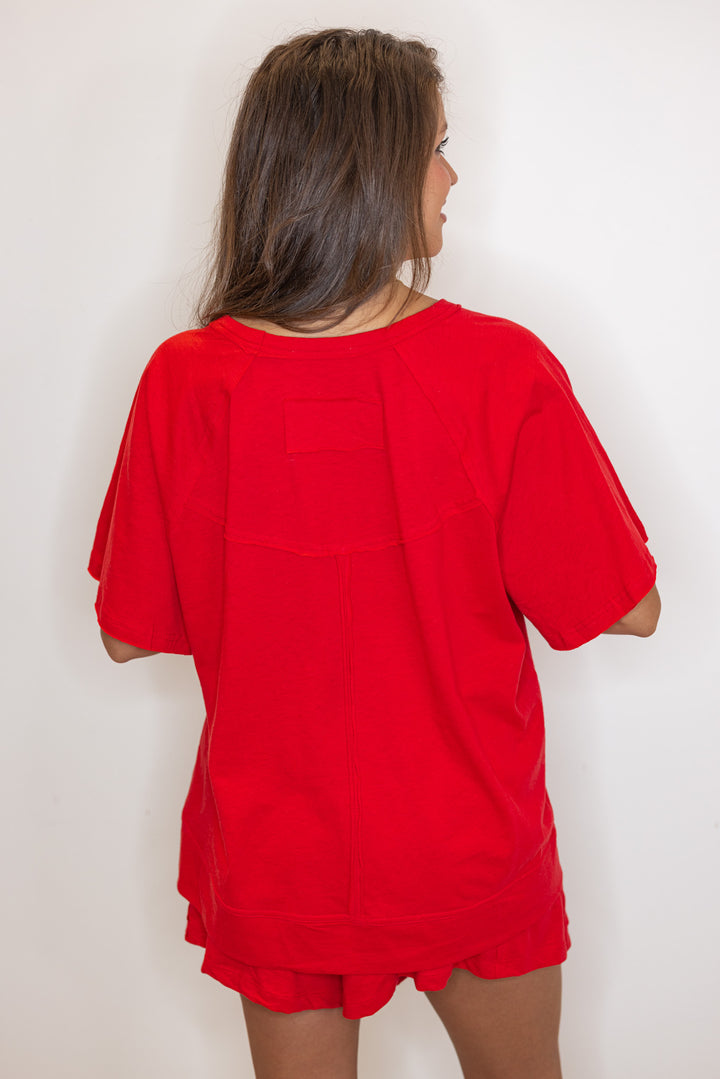 red cotton slub knit shorts shirt set
