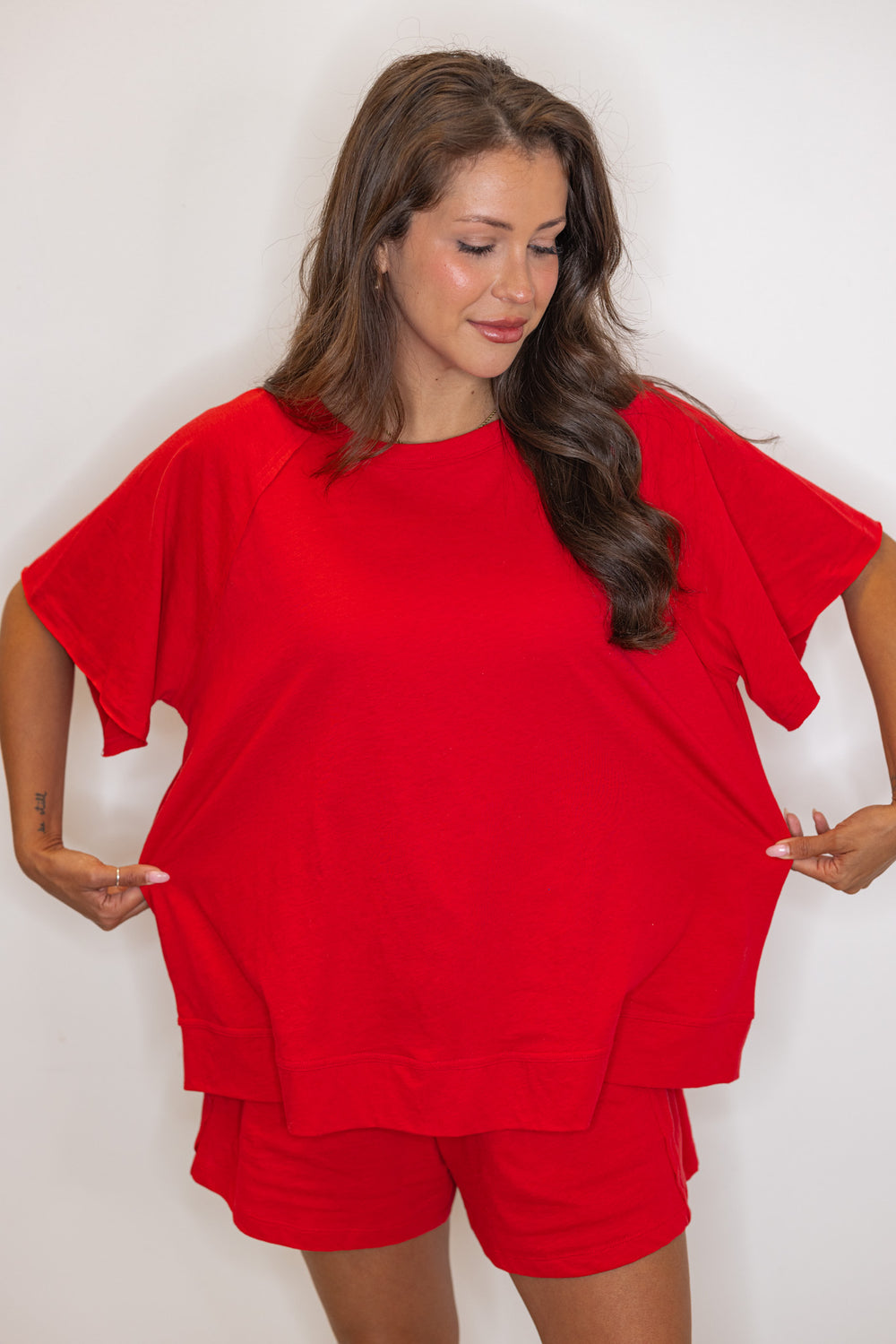 red cotton slub knit shorts shirt set