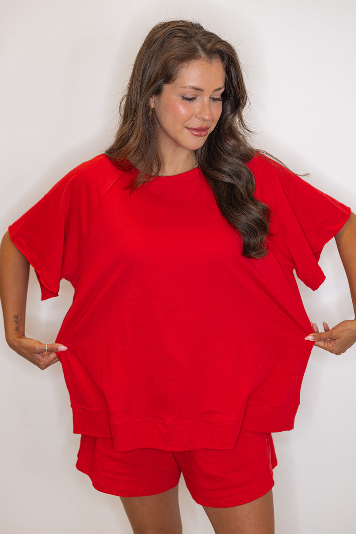 red cotton slub knit shorts shirt set