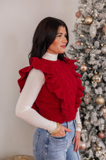 red sleeveless ruffle cropped sweater