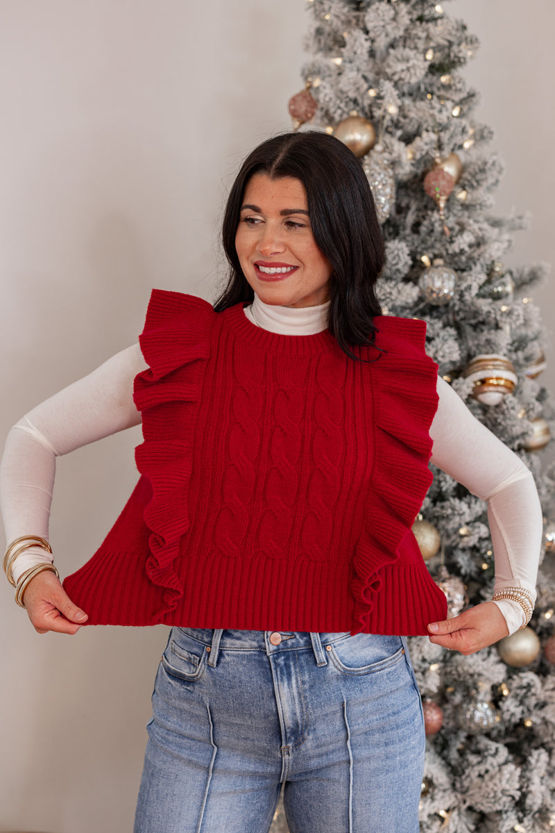 red sleeveless ruffle cropped sweater