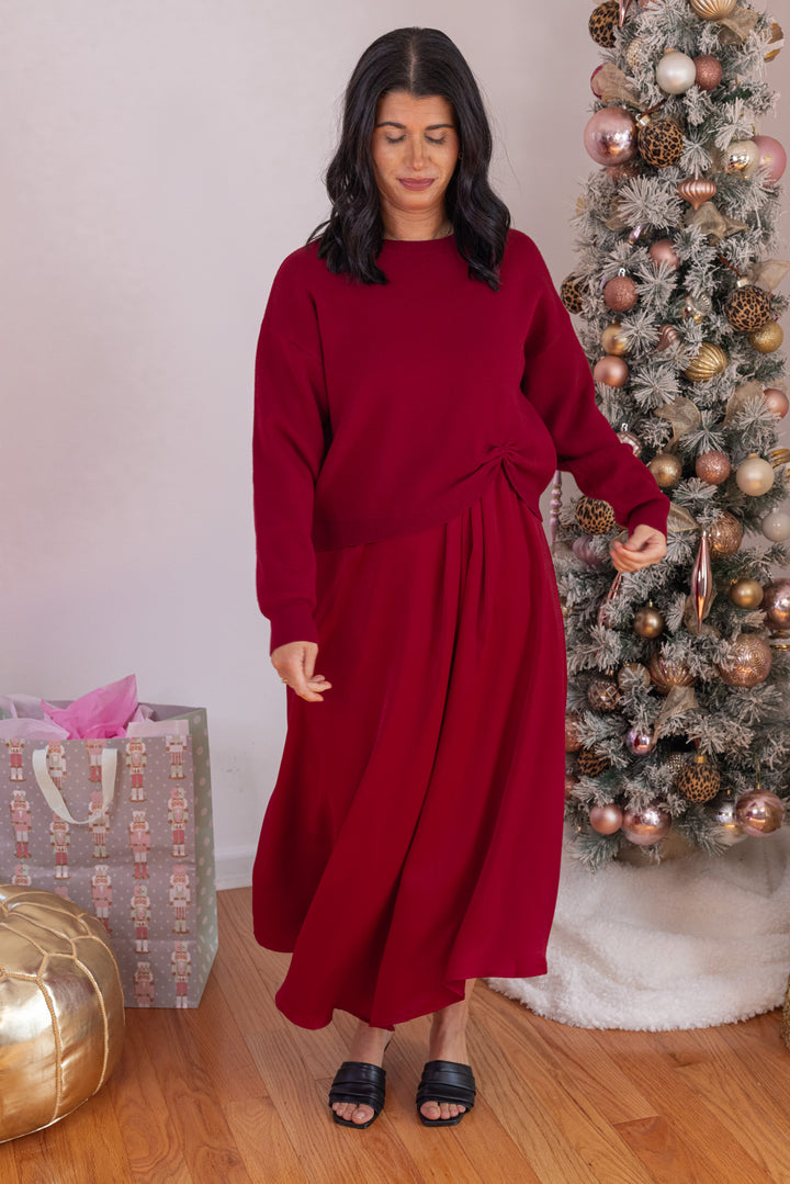 Women's burgundy satin mixed fabric midi dress with asymmetrical hem by Jodifl, perfect for elegant holiday dinners