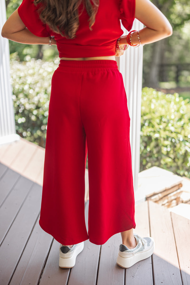 casual red wide leg crop pant set