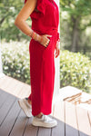 casual red wide leg crop pant set