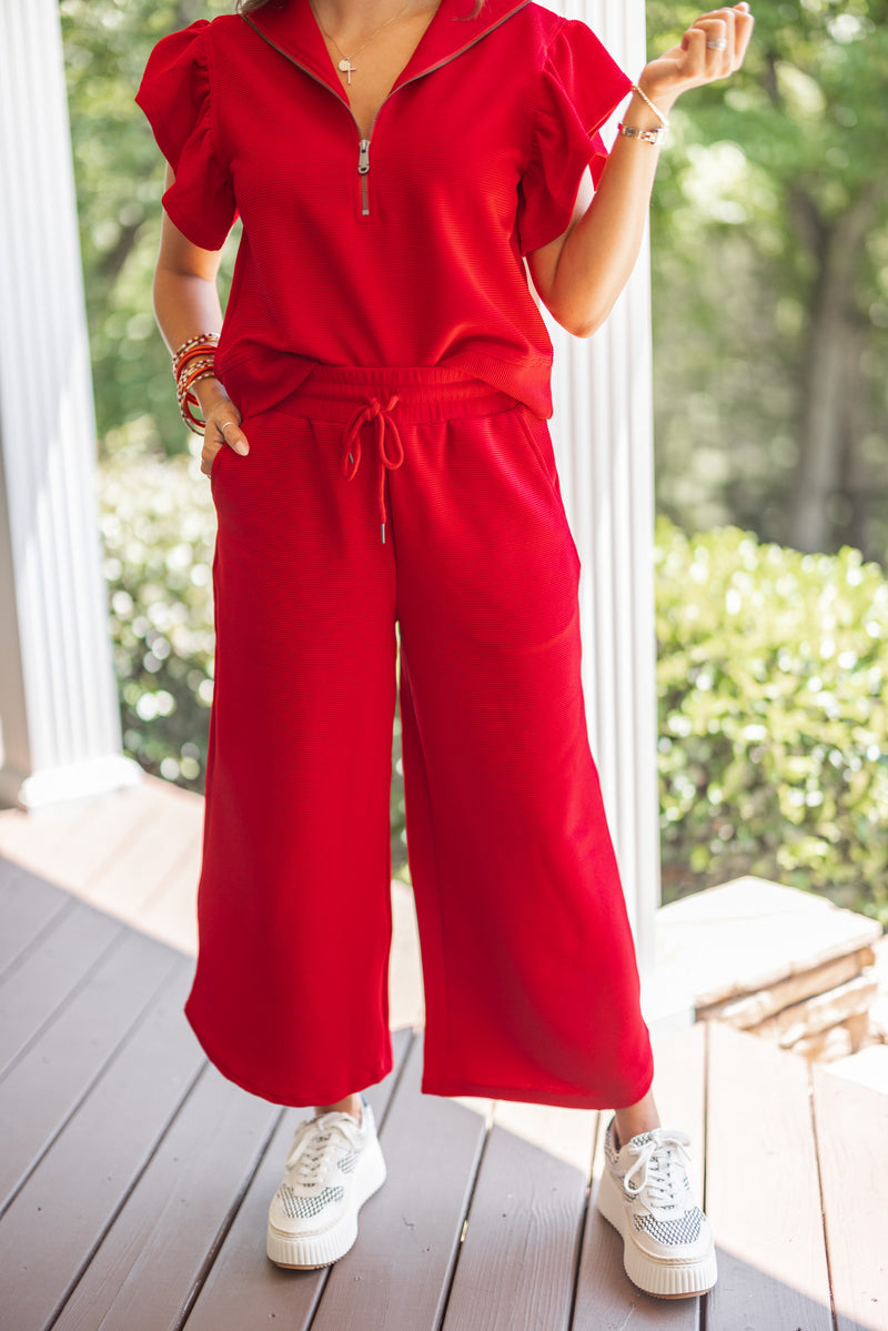 casual red wide leg crop pant set