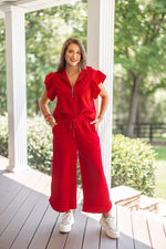 casual red wide leg crop pant set