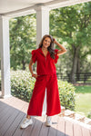 casual red wide leg crop pant set