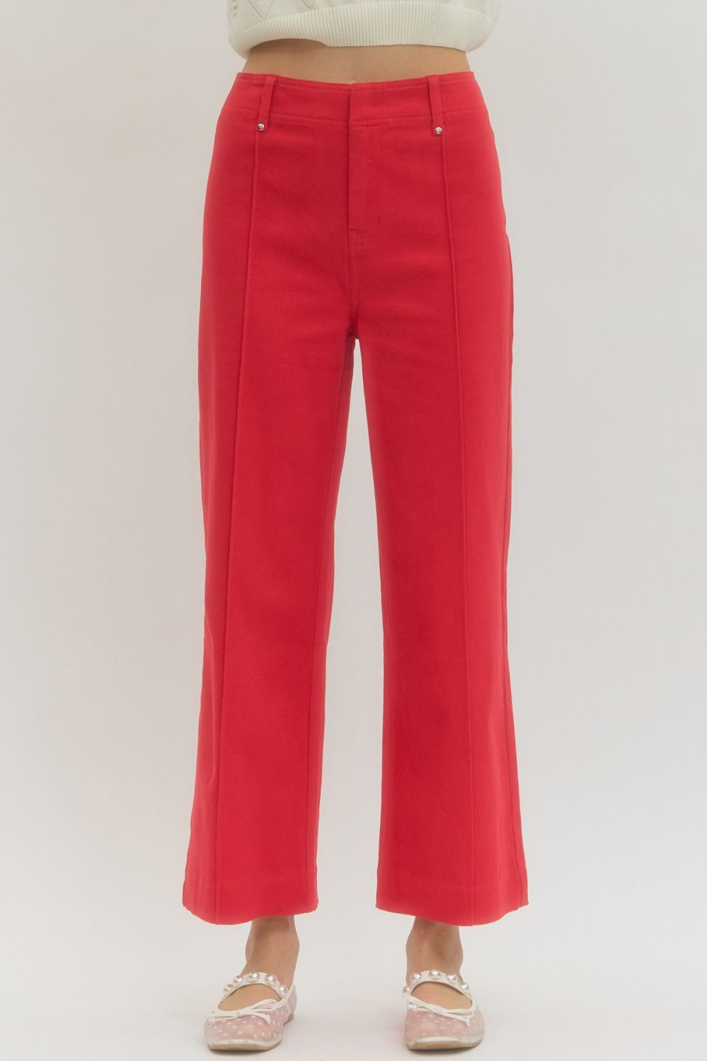red wide leg denim high rise pants