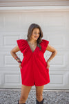 trendy red denim gameday romper