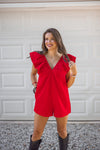 trendy red denim gameday romper