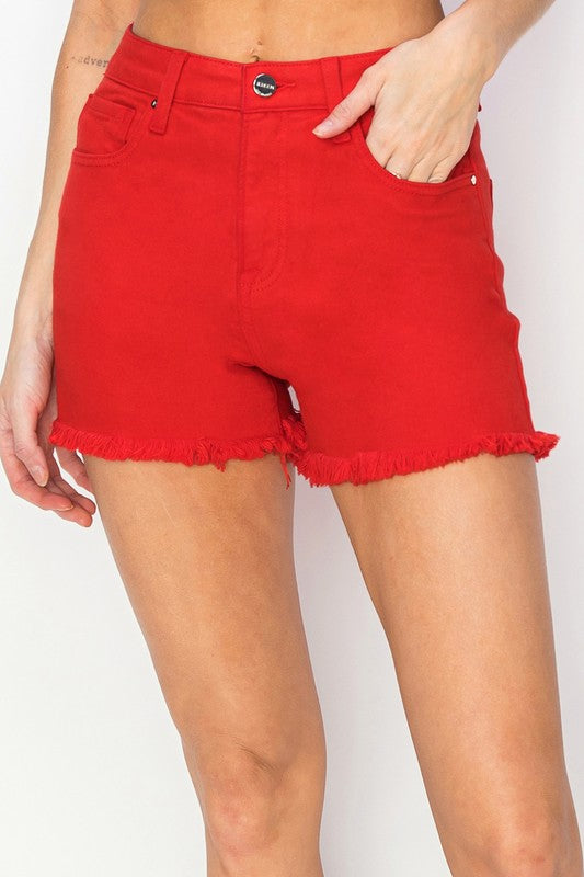 Risen Jeans tummy control red denim shorts with frayed hem