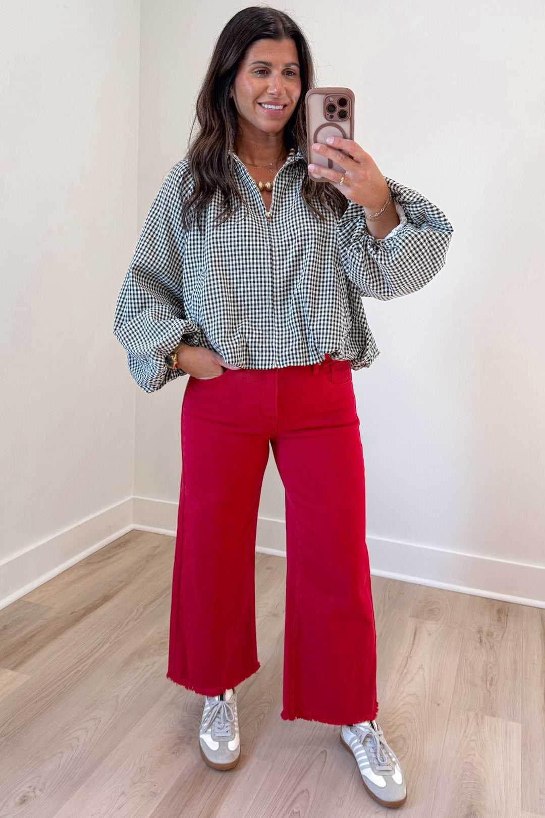 solid red denim high rise cropped wide leg frayed hem tummy control jeans