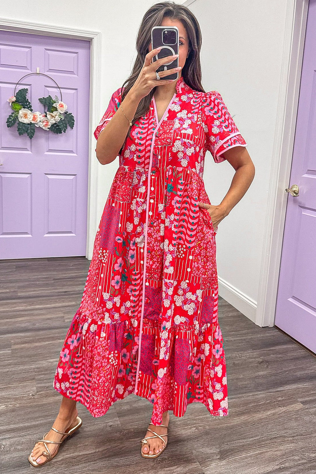 red floral patchwork print button down midi dress with side pockets