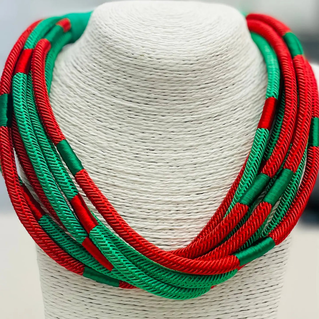 layered rope slub necklace Christmas red and green