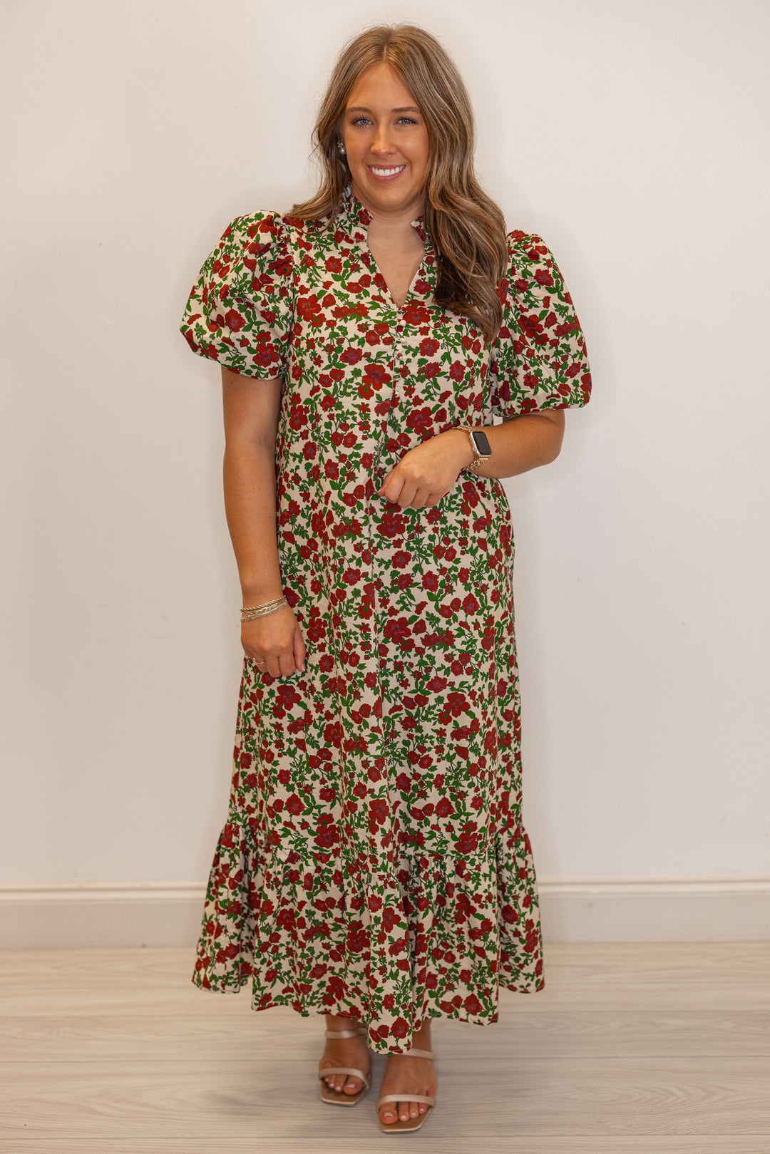 Women's ecru midi dress with burgundy, pink and green floral print by Entro