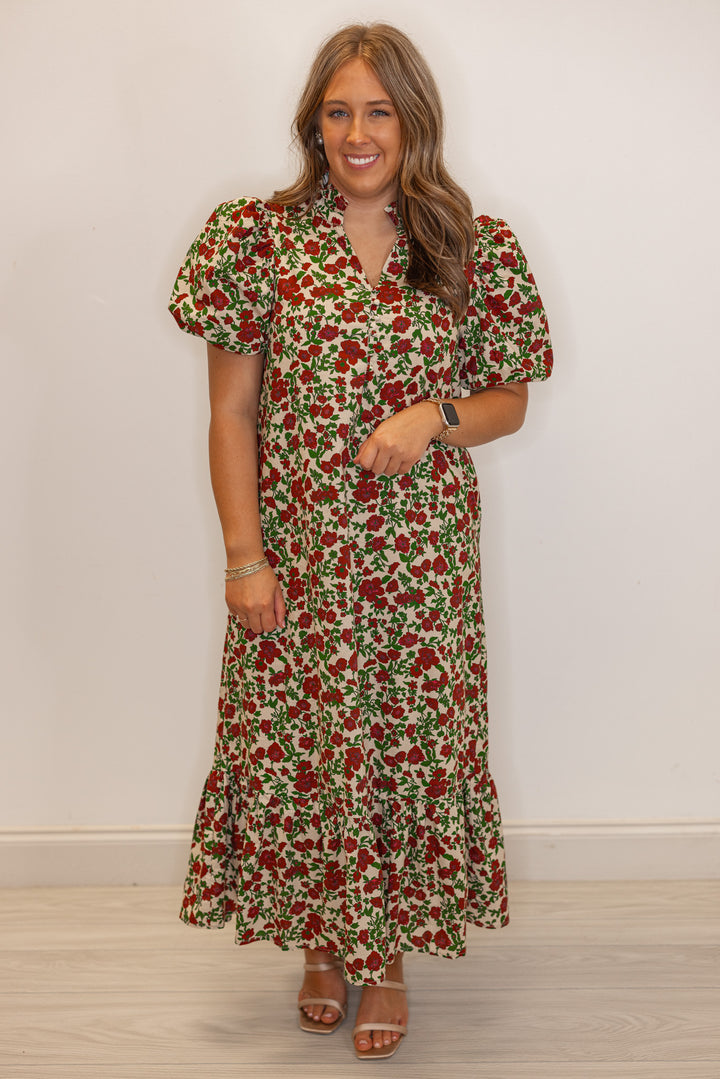 Women's ecru midi dress with burgundy, pink and green floral print by Entro