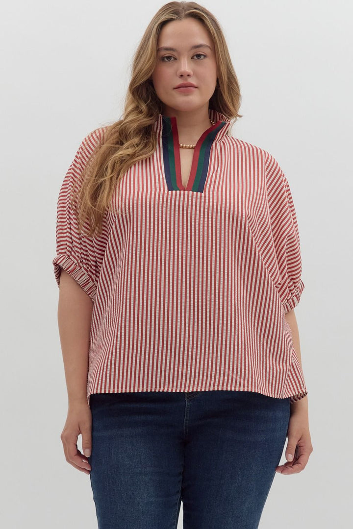 Women's brick red and ivory striped dolman top by Entro in plus