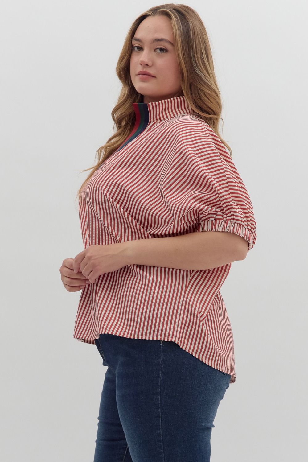 Women's brick red and ivory striped dolman top by Entro in plus showing side view