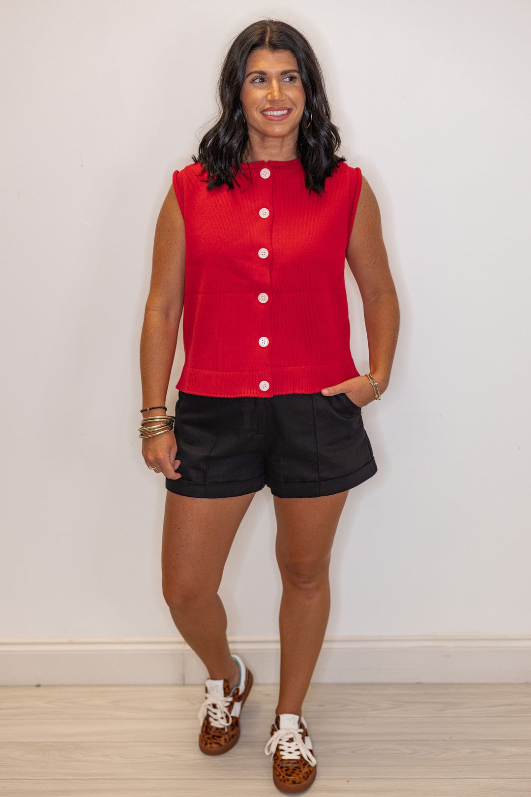 Red knit button front sleeveless sweater vest by Wishlist showing full front view