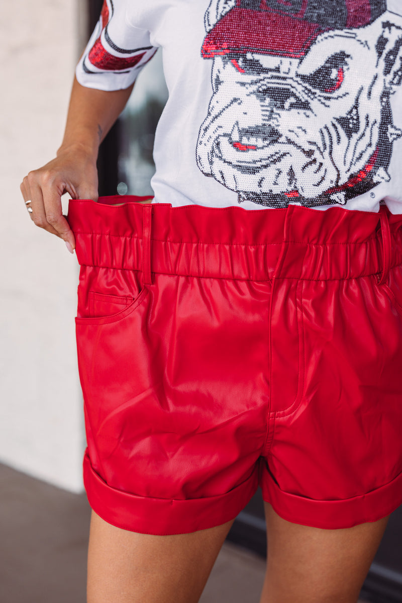 red leather paperbag shorts