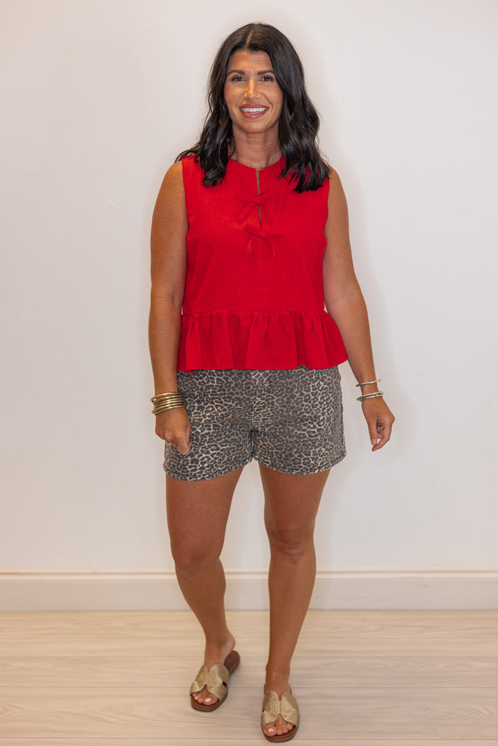 red linen bow peplum sleeveless top