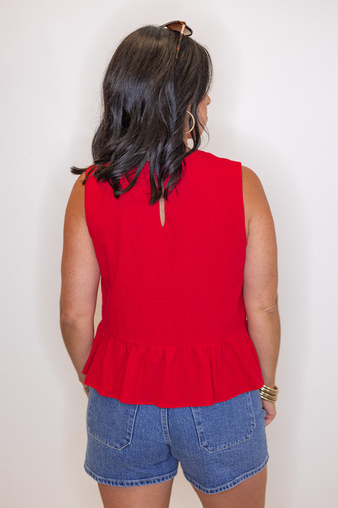 red linen cotton bow peplum sleeveless top back