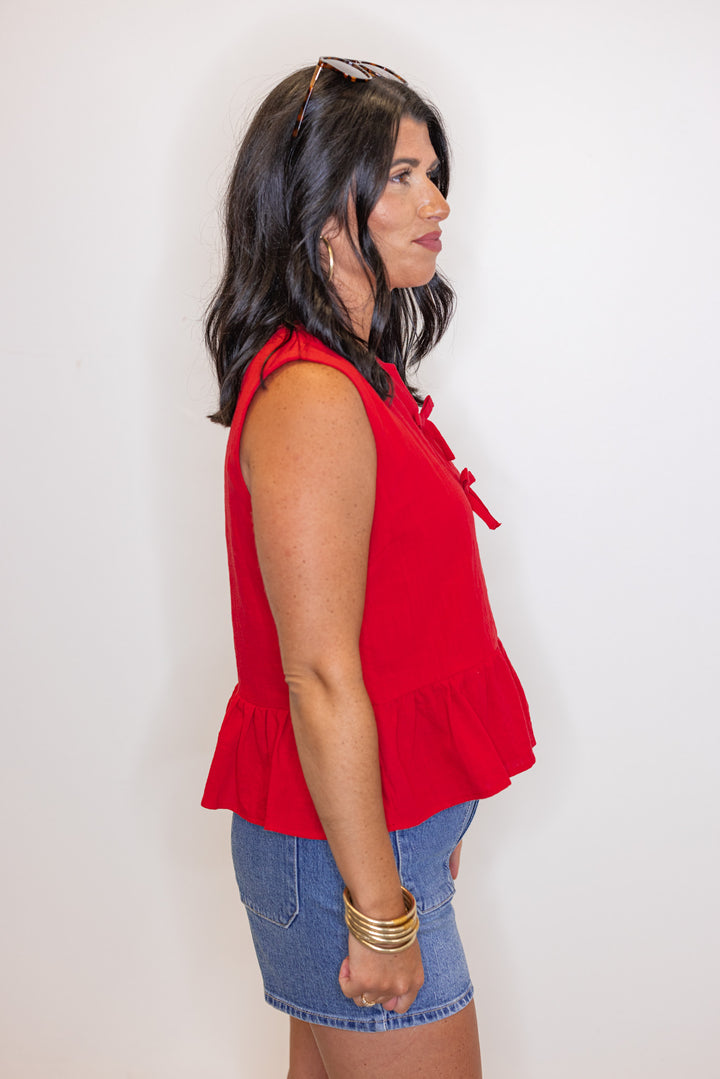 red linen cotton bow peplum sleeveless top side