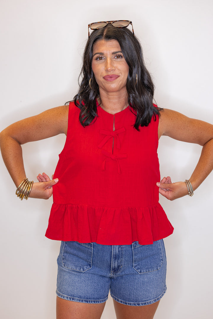women's red linen cotton bow peplum sleeveless top