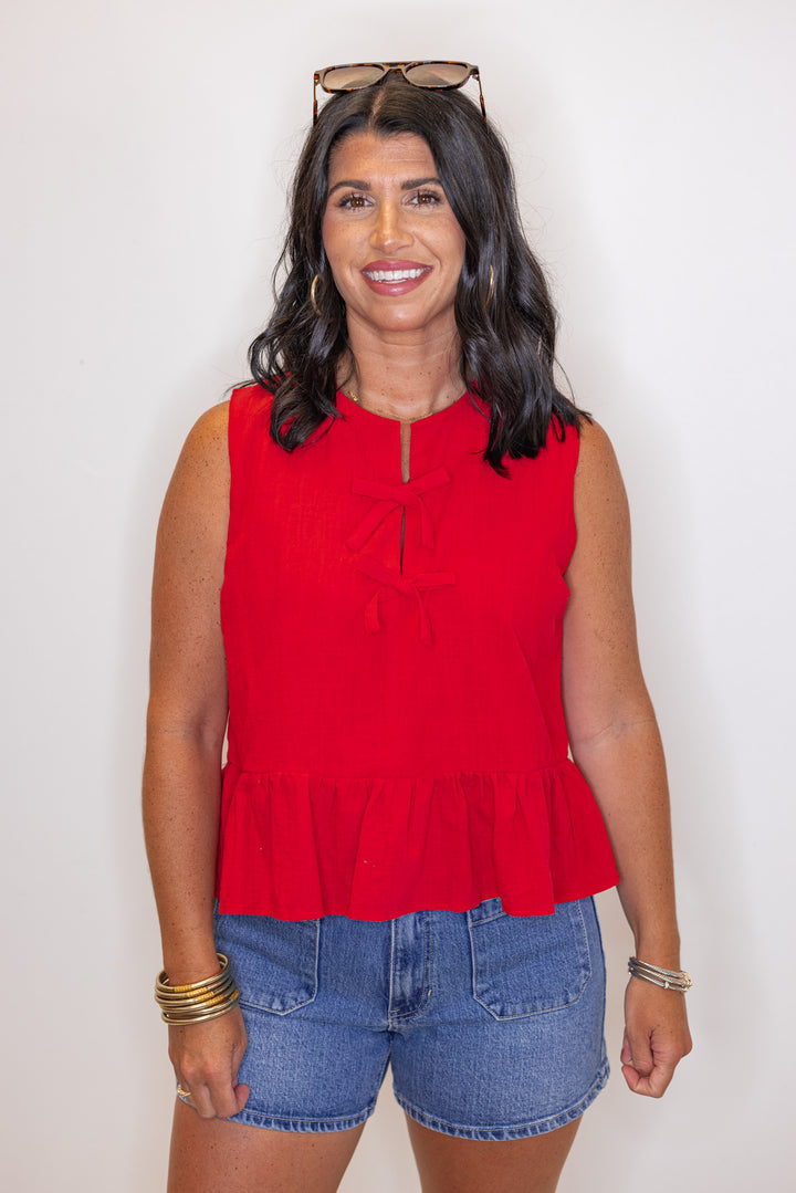 red linen cotton bow peplum sleeveless top