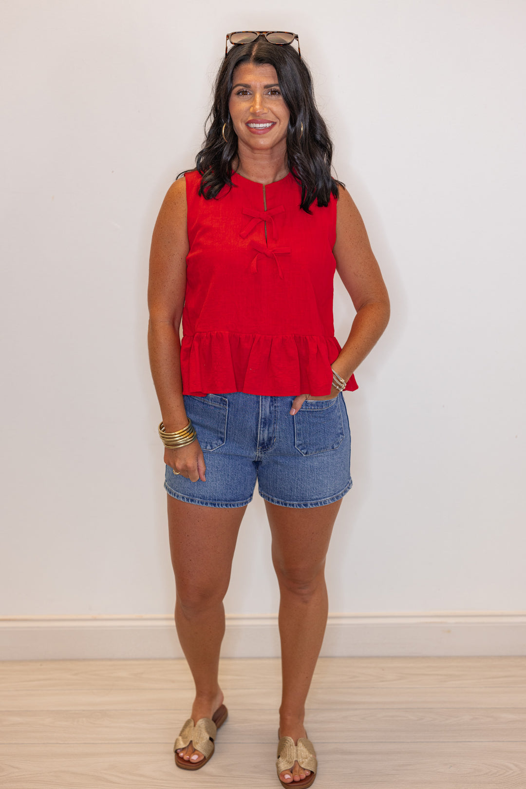 red cotton bow peplum sleeveless top