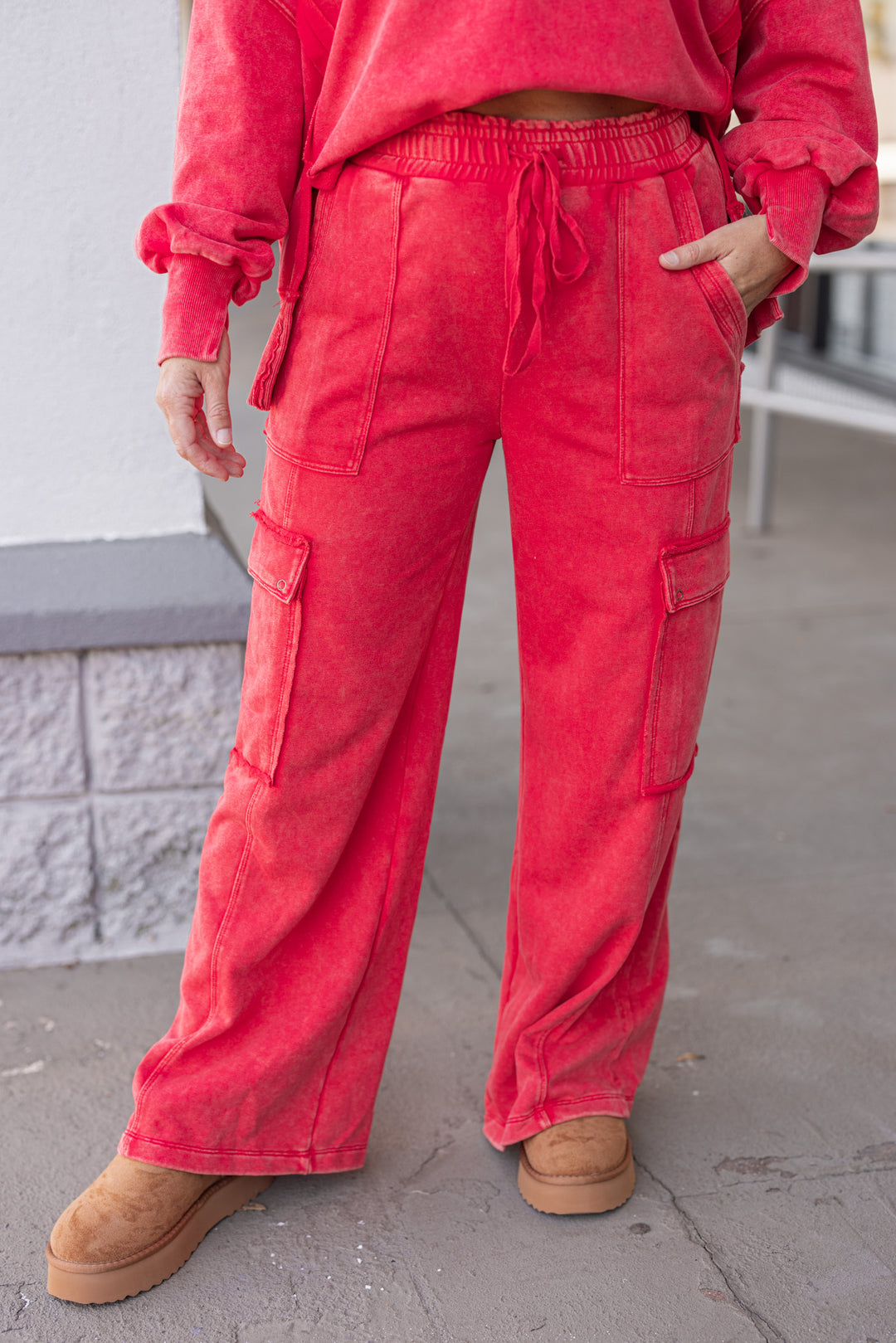 Women's washed red french terry knit wide leg cargo pants by ee:some
