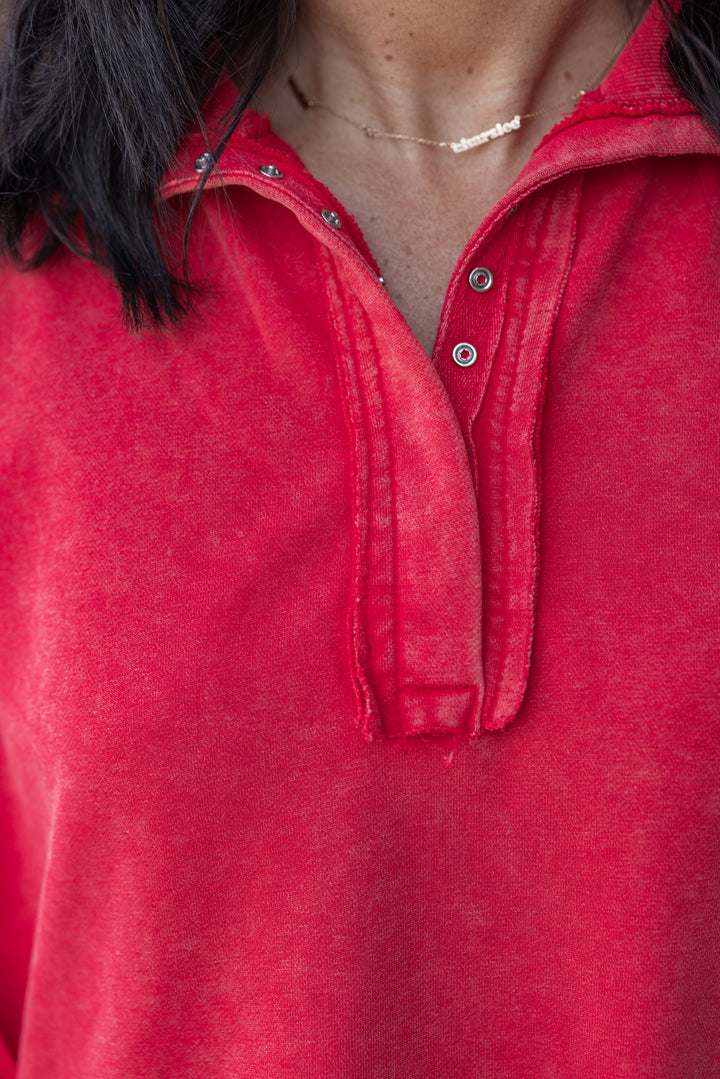 Women's washed red french terry knit pullover top with snap front bodice by ee:some showing snap front bodice