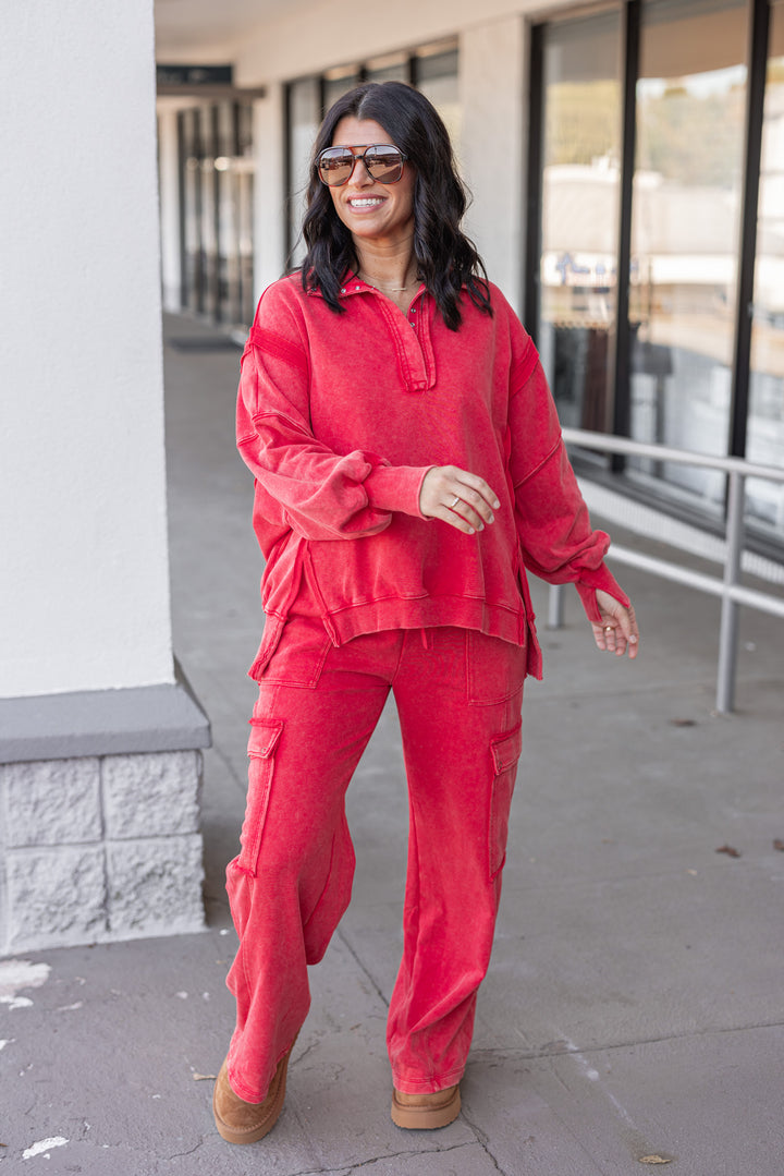 Women's trendy washed red french terry knit pullover top with snap front bodice by ee:some