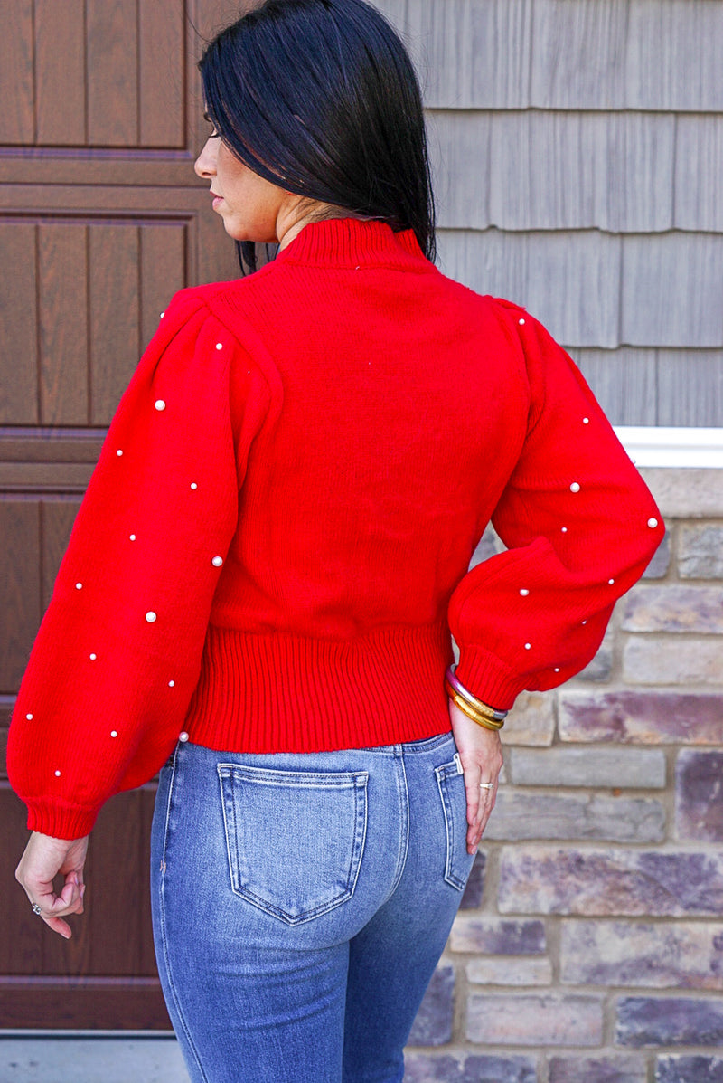 red pearl detailed christmas sweater