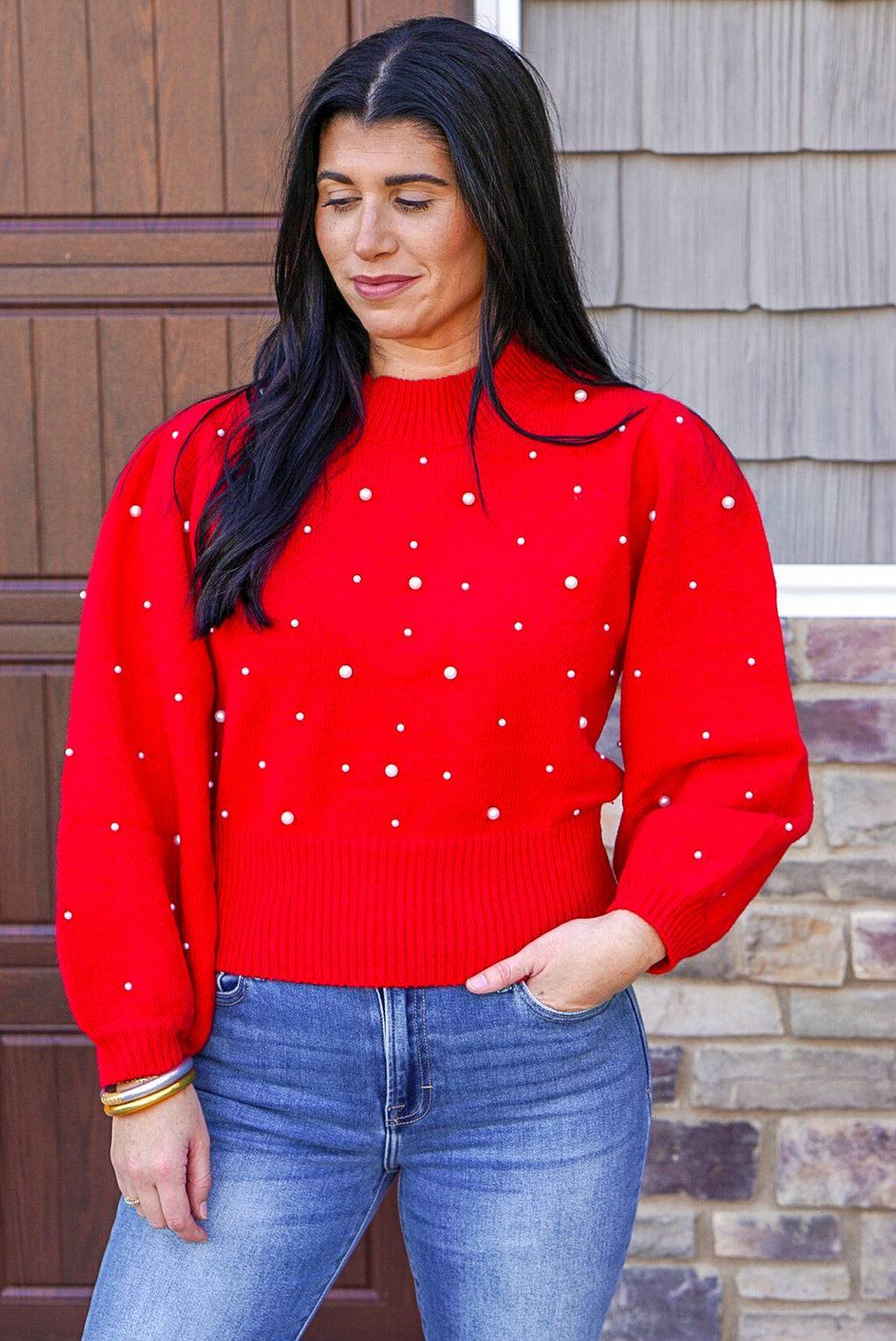 red pearl detailed christmas sweater