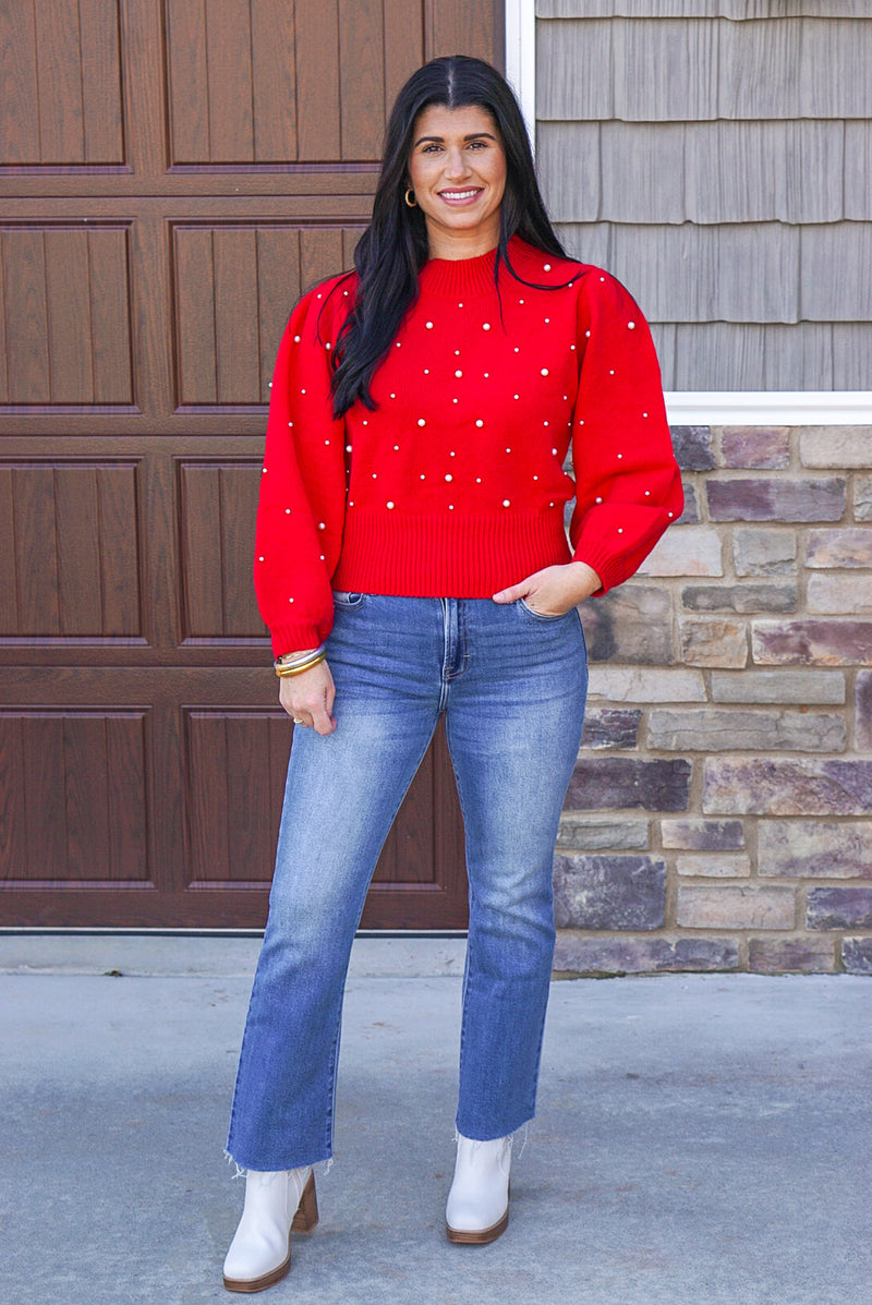 red pearl detailed christmas sweater