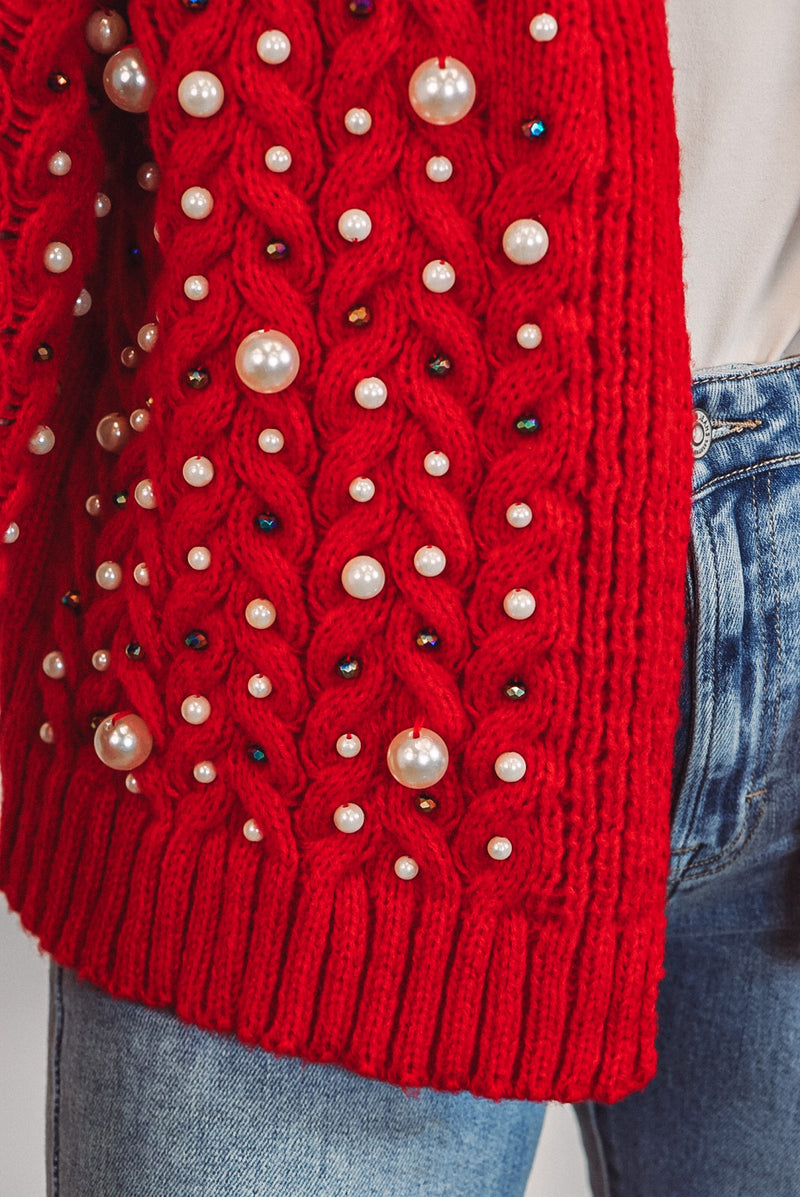 red pearl embellished sweater cardigan