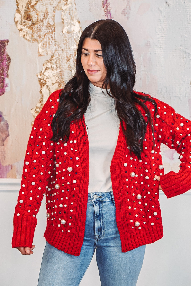 red pearl embellished sweater cardigan