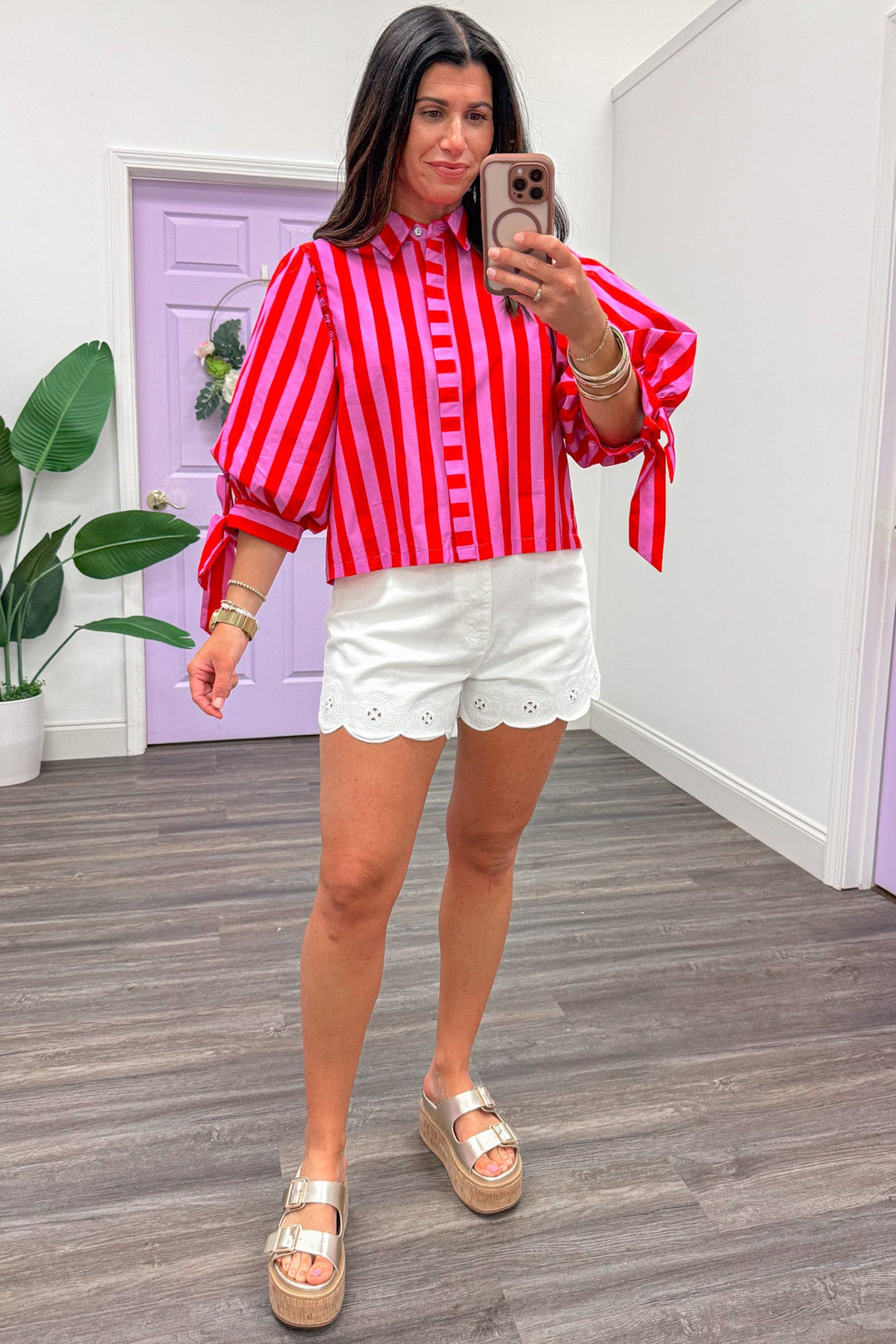 red and pink striped button front puff sleeve poplin top