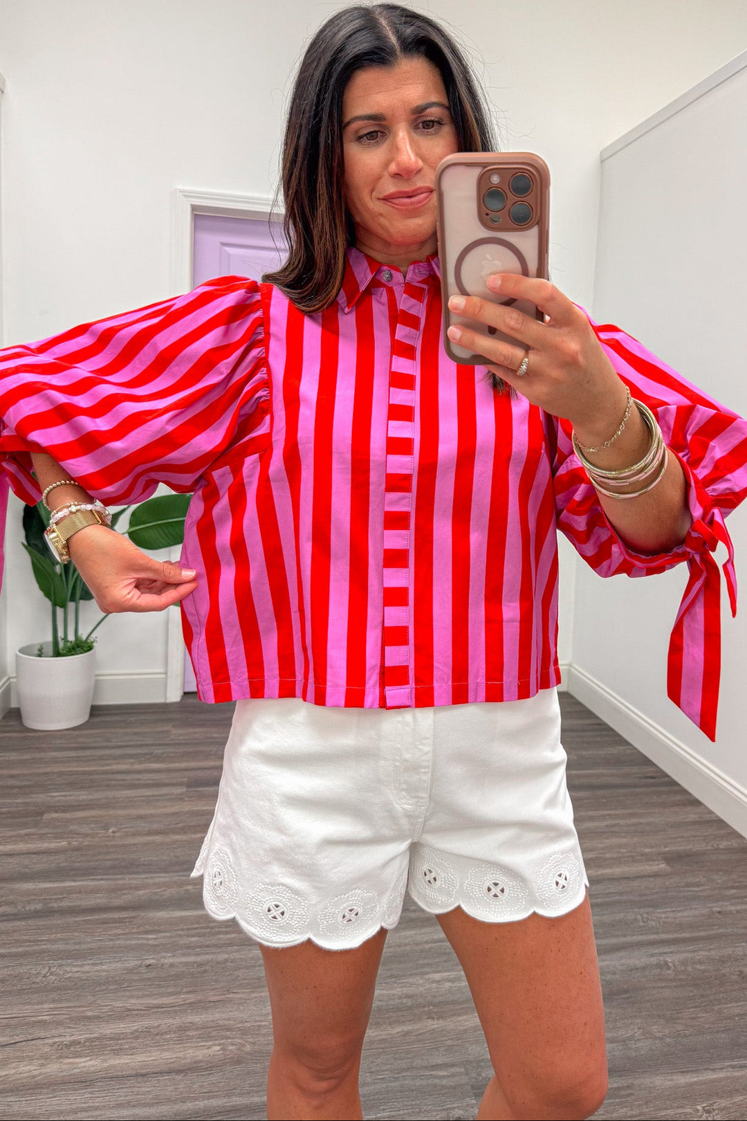 red and pink striped pattern button front relaxed silhouette poplin top