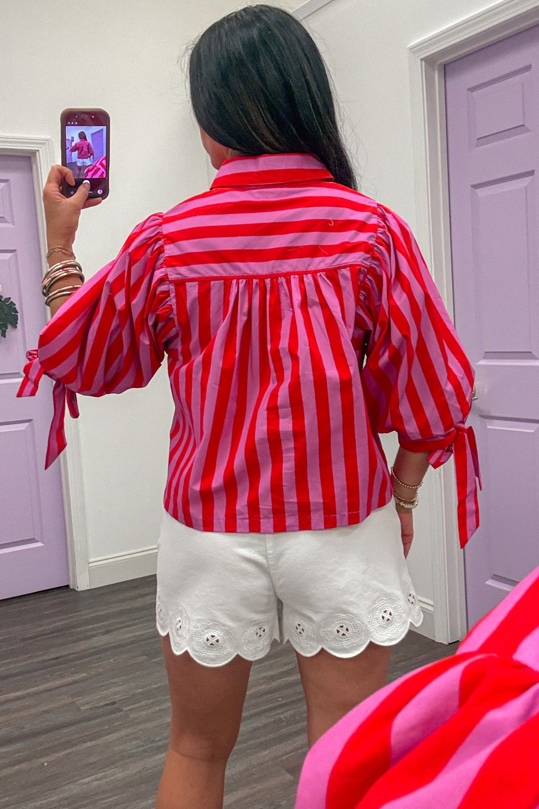 red and pink striped button front tie cuff puff sleeve poplin top