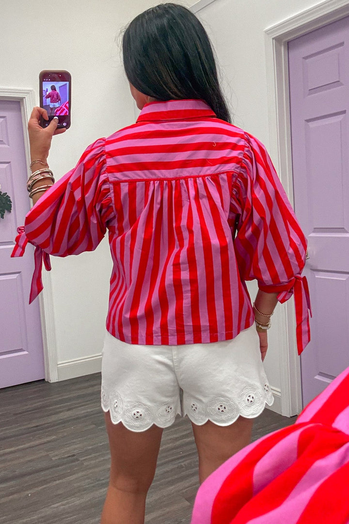 red and pink striped button front tie cuff puff sleeve poplin top