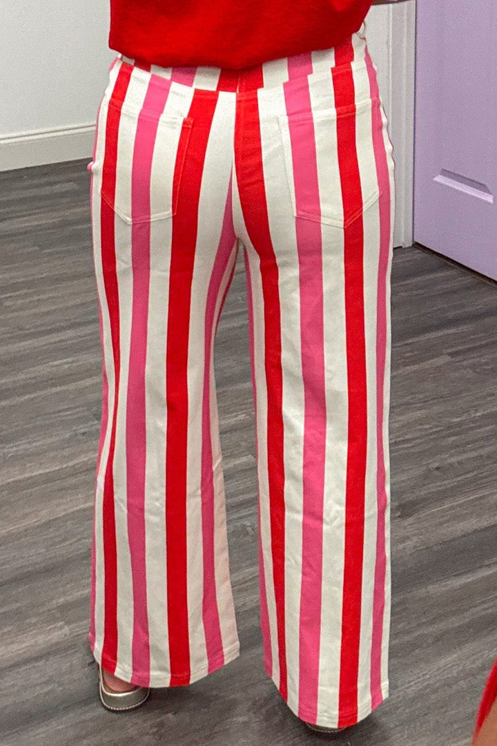 red pink and cream vertical striped twill denim cropped ankle wide leg pants with five pocket design