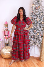 red green Christmas plaid tiered maxi dress