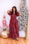 red green Christmas plaid tiered maxi dress