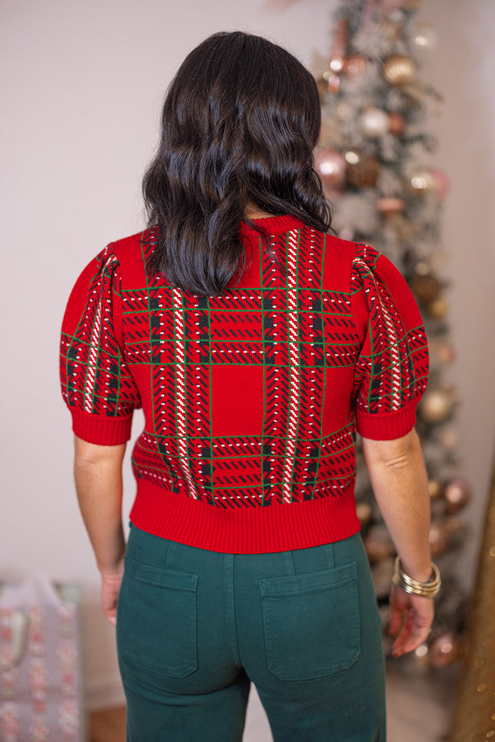 Checkered Cropped Plaid Red Sweater by Day + Moon showing up close back view