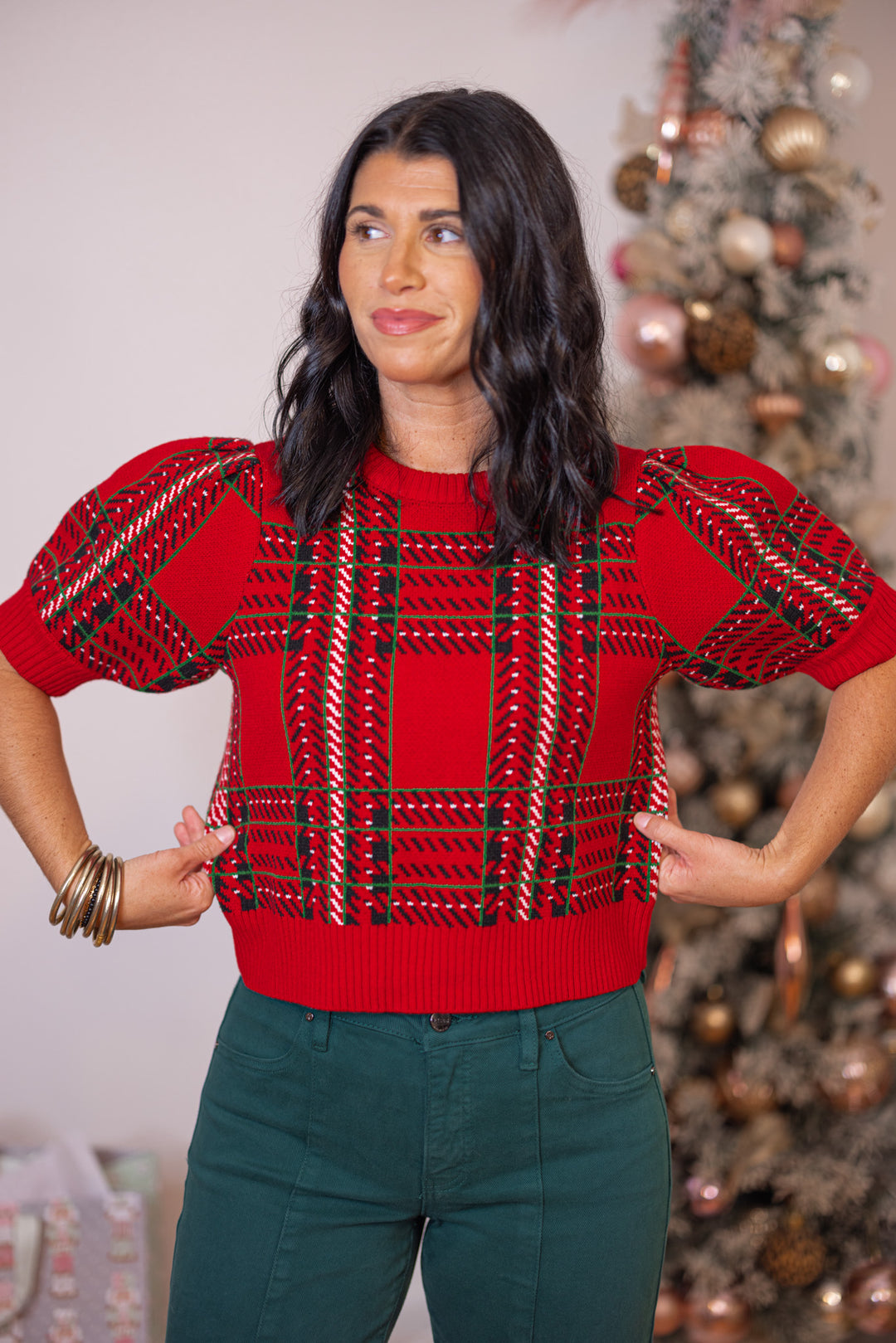 Checkered Cropped Plaid Red Sweater by Day + Moon showing cropped fit