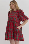 Entro Plus Red, green, and cream plaid ruffle tiered dress